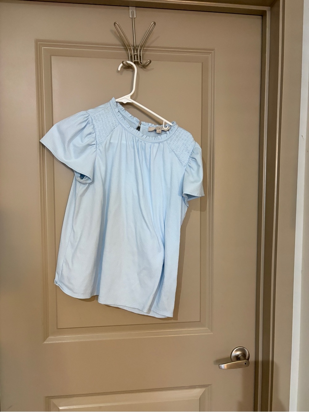 LOFT Light Blue Smocked Shoulder Ruffle Neck Blouse - Picture 2 of 6